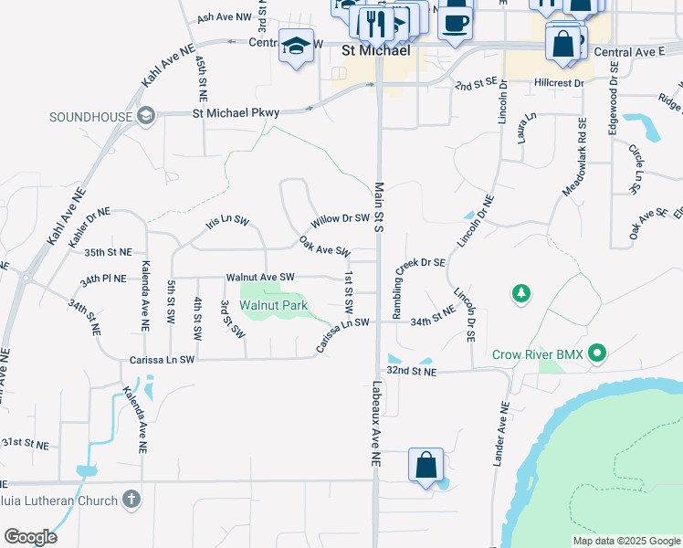 map of restaurants, bars, coffee shops, grocery stores, and more near 504 1st Street Southwest in Saint Michael