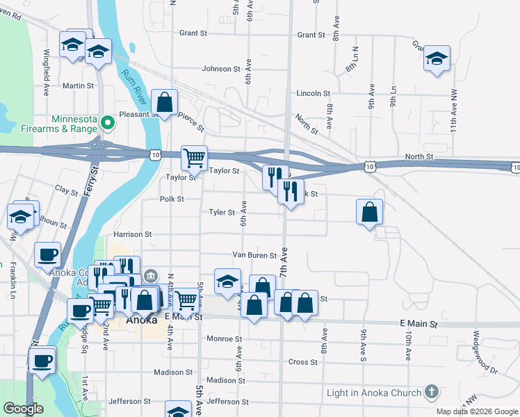 map of restaurants, bars, coffee shops, grocery stores, and more near 637 Tyler Street in Anoka
