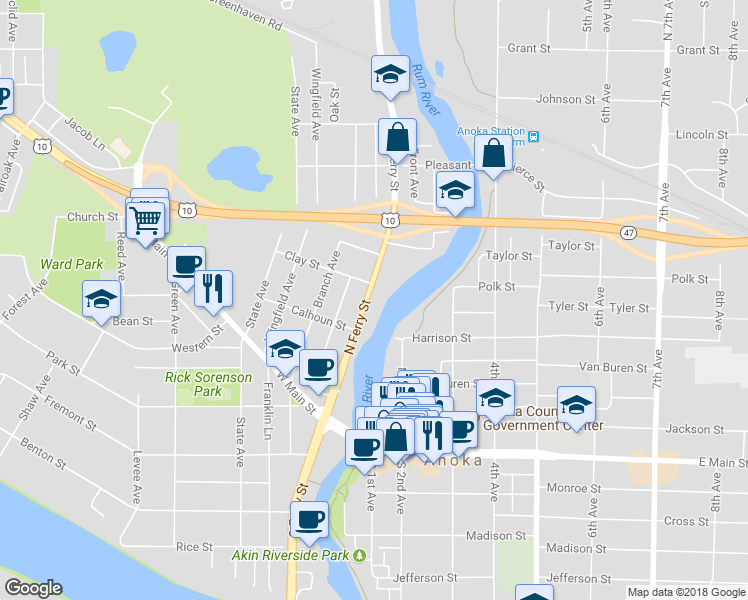 map of restaurants, bars, coffee shops, grocery stores, and more near 2228 North Ferry Street in Anoka