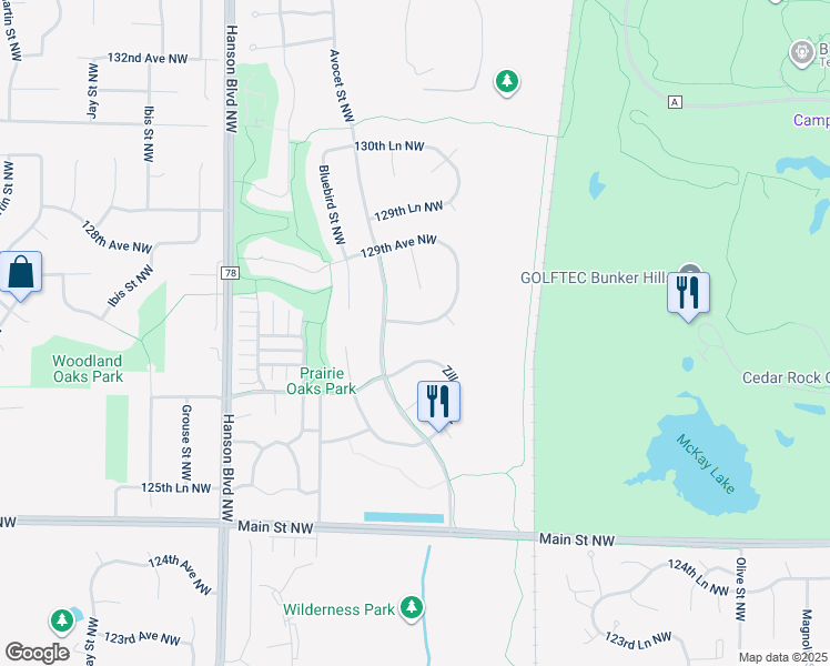 map of restaurants, bars, coffee shops, grocery stores, and more near 1274 128th Avenue Northwest in Minneapolis