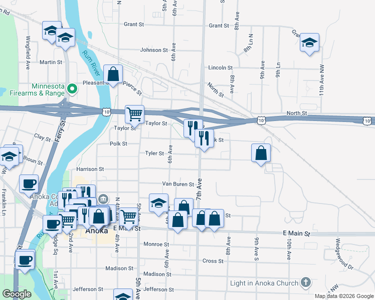 map of restaurants, bars, coffee shops, grocery stores, and more near 637 Tyler Street in Anoka