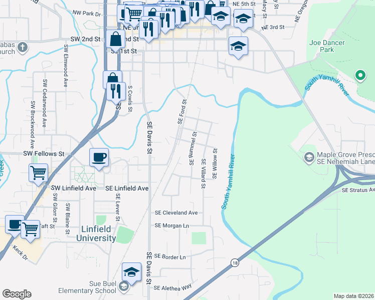 map of restaurants, bars, coffee shops, grocery stores, and more near 931 Southeast Rummel Street in McMinnville
