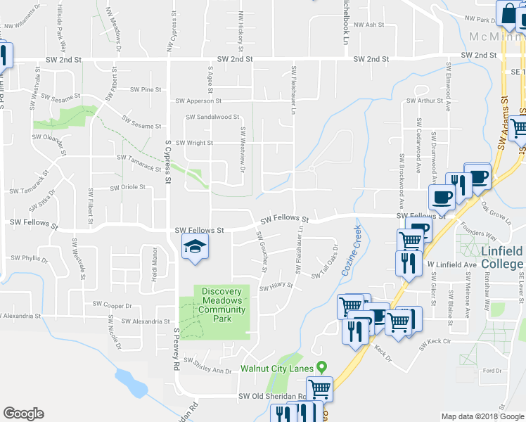 map of restaurants, bars, coffee shops, grocery stores, and more near 979 Southwest Goucher Street in McMinnville