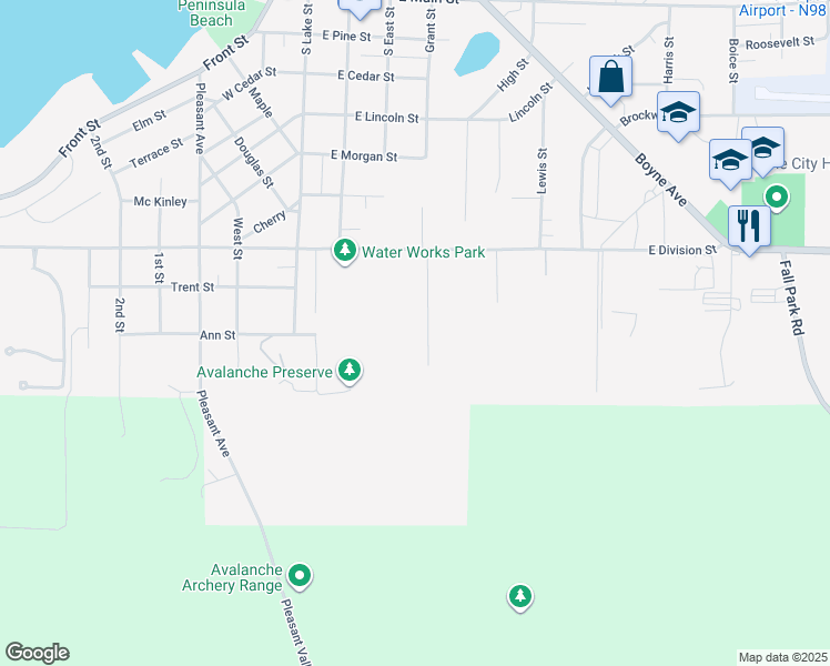 map of restaurants, bars, coffee shops, grocery stores, and more near 326 East Division Street in Boyne City