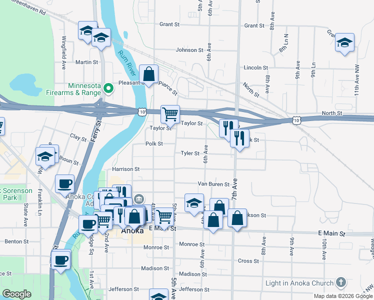 map of restaurants, bars, coffee shops, grocery stores, and more near 523 Tyler Street in Anoka