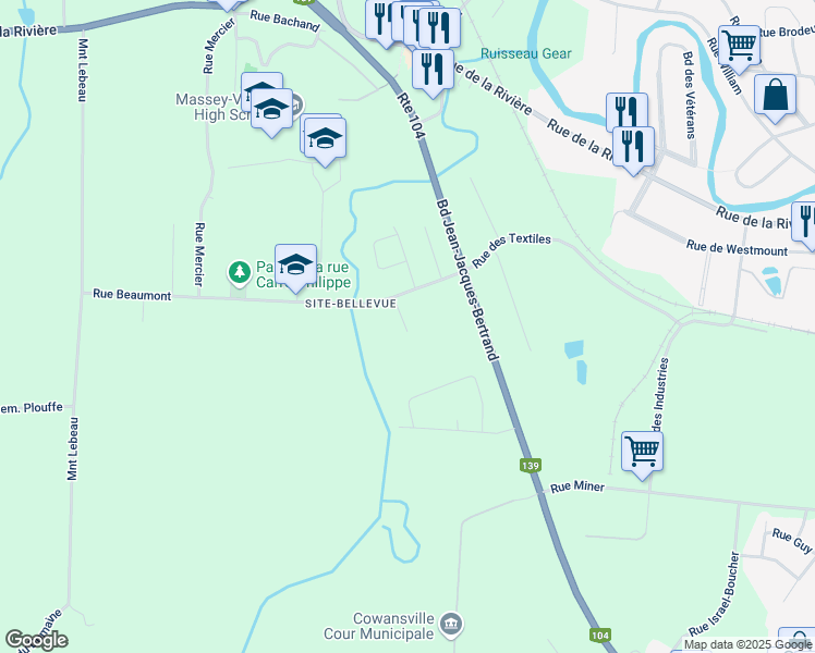 map of restaurants, bars, coffee shops, grocery stores, and more near 104 Rue des Noyers in Cowansville