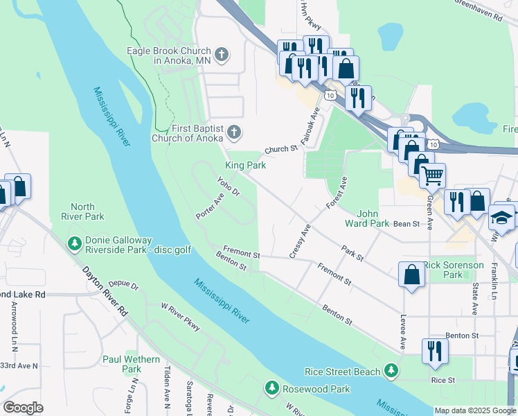 map of restaurants, bars, coffee shops, grocery stores, and more near 129 Yoho Drive in Anoka