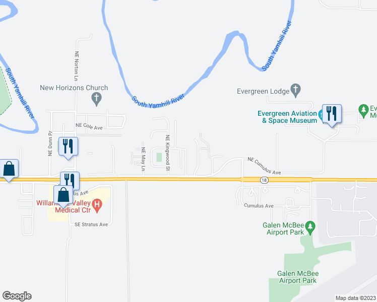 map of restaurants, bars, coffee shops, grocery stores, and more near 156 American Drive in McMinnville