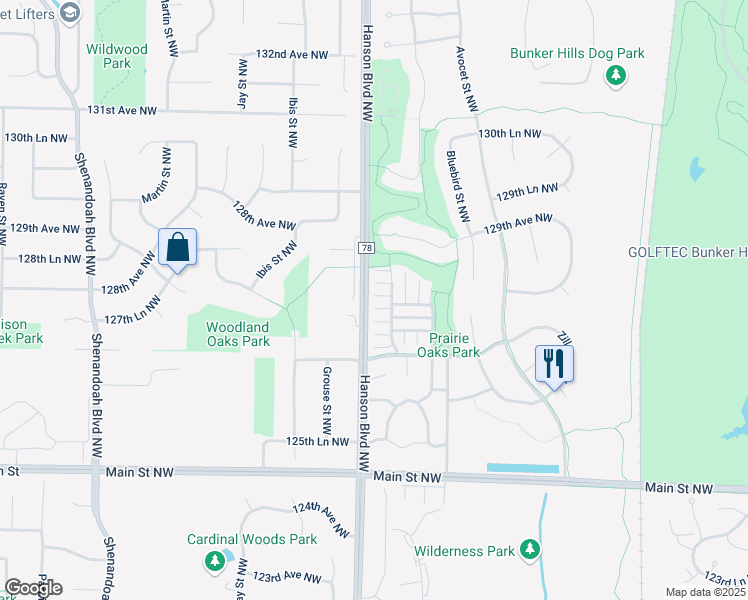 map of restaurants, bars, coffee shops, grocery stores, and more near 12864 Flamingo Street Northwest in Minneapolis