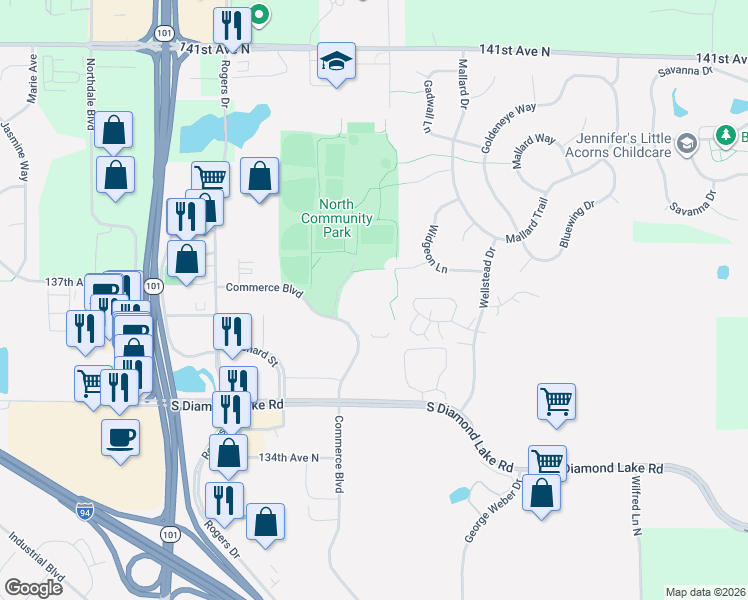 map of restaurants, bars, coffee shops, grocery stores, and more near 13600 Commerce Boulevard in Rogers