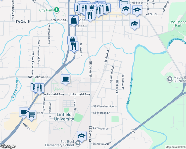 map of restaurants, bars, coffee shops, grocery stores, and more near 936 Southeast Davis Street in McMinnville