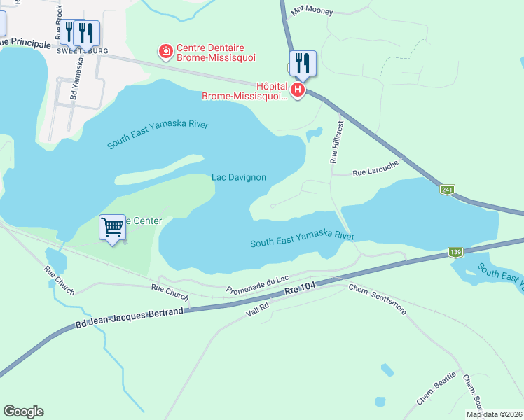 map of restaurants, bars, coffee shops, grocery stores, and more near 80 Rue de la Pointe-Hillcrest in Cowansville