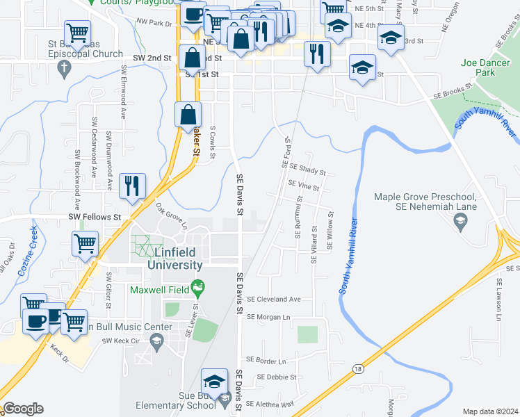 map of restaurants, bars, coffee shops, grocery stores, and more near 981 Southeast Ford Street in McMinnville