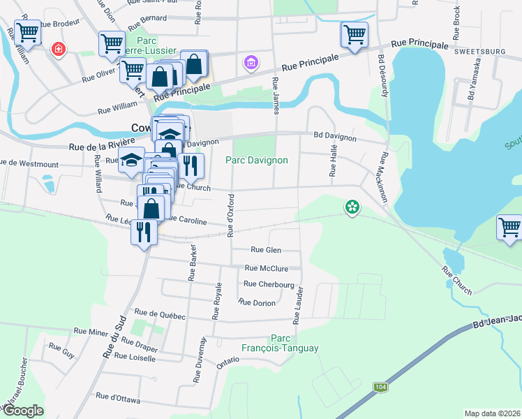 map of restaurants, bars, coffee shops, grocery stores, and more near Rue Élizabeth in Cowansville