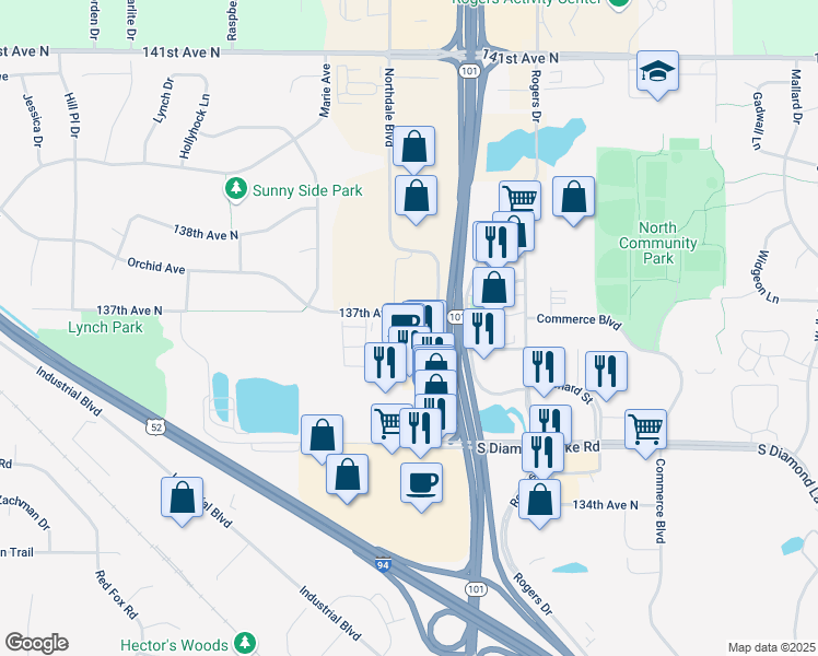 map of restaurants, bars, coffee shops, grocery stores, and more near 21675 137th Avenue North in Rogers