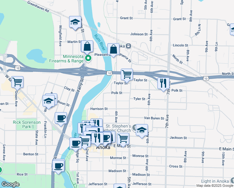 map of restaurants, bars, coffee shops, grocery stores, and more near 2333 South 4th Avenue in Anoka