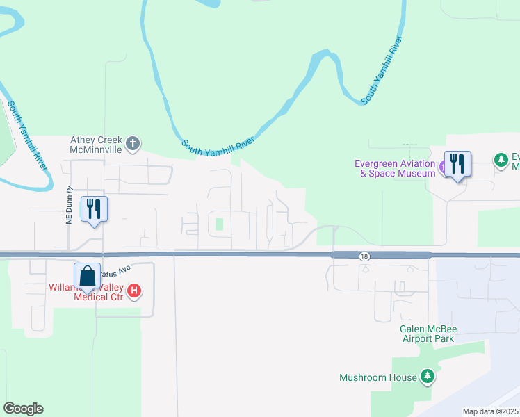 map of restaurants, bars, coffee shops, grocery stores, and more near 186 Northeast American Drive in McMinnville