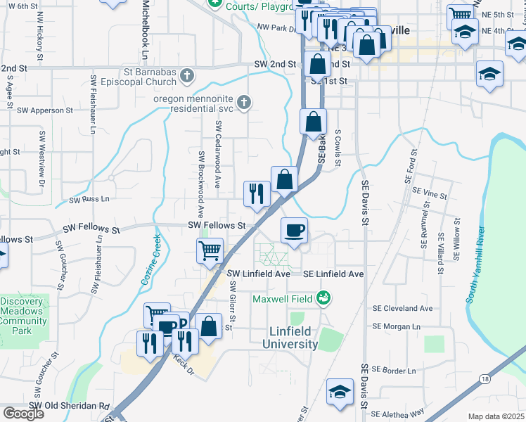 map of restaurants, bars, coffee shops, grocery stores, and more near 900 Southeast Baker Street in McMinnville