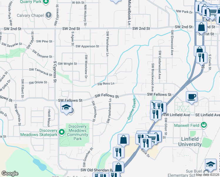 map of restaurants, bars, coffee shops, grocery stores, and more near 1275 Southwest Fellows Street in McMinnville
