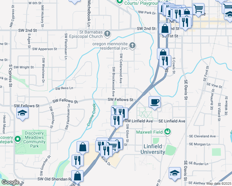 map of restaurants, bars, coffee shops, grocery stores, and more near 800 Southwest Brockwood Avenue in McMinnville