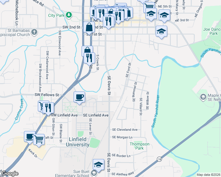 map of restaurants, bars, coffee shops, grocery stores, and more near 928 Southeast Davis Street in McMinnville