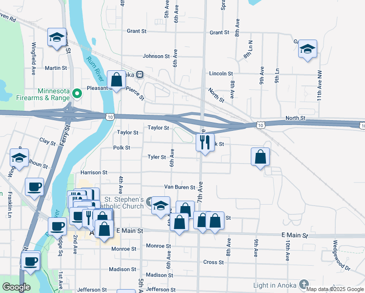 map of restaurants, bars, coffee shops, grocery stores, and more near 620 Polk Street in Anoka
