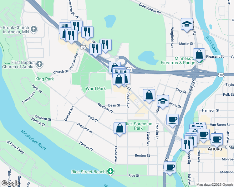 map of restaurants, bars, coffee shops, grocery stores, and more near 530 Cutter Street in Anoka
