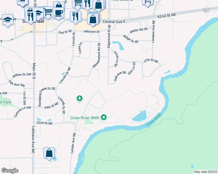 map of restaurants, bars, coffee shops, grocery stores, and more near 501 Oak Avenue Southeast in Saint Michael