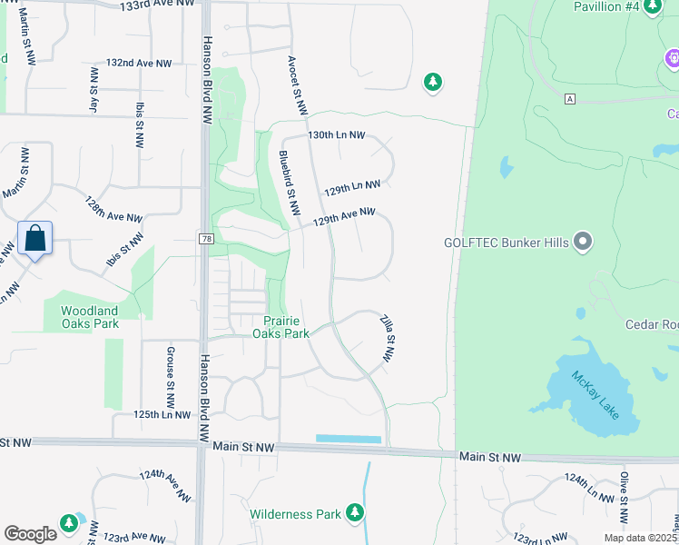map of restaurants, bars, coffee shops, grocery stores, and more near 12755 Avocet Street Northwest in Minneapolis