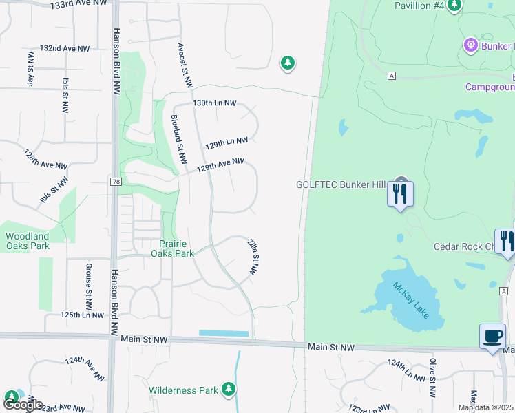 map of restaurants, bars, coffee shops, grocery stores, and more near 1253 128th Circle Northwest in Coon Rapids