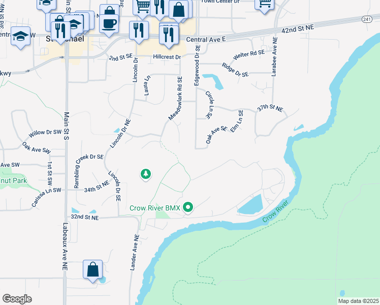 map of restaurants, bars, coffee shops, grocery stores, and more near 501 Oak Avenue Southeast in Saint Michael
