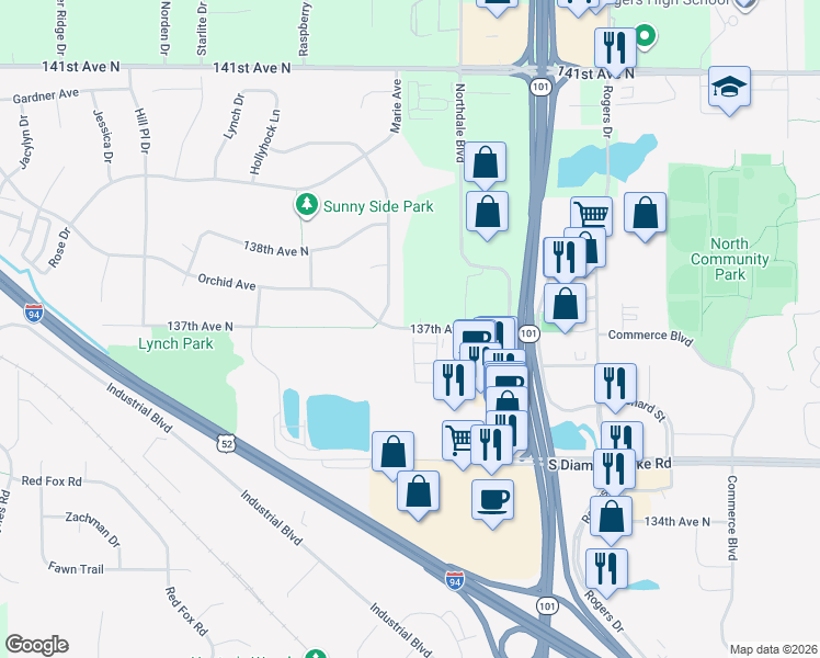map of restaurants, bars, coffee shops, grocery stores, and more near 21925 137th Avenue North in Rogers