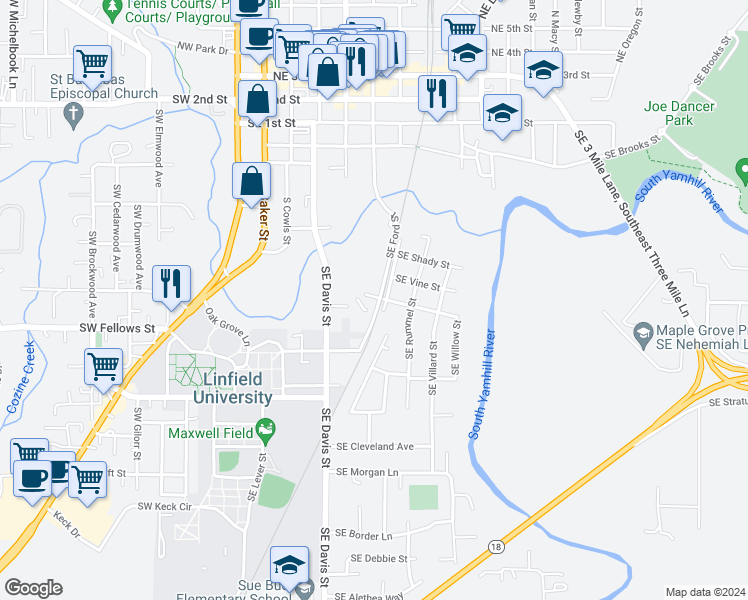 map of restaurants, bars, coffee shops, grocery stores, and more near 901 Southeast Ford Street in McMinnville