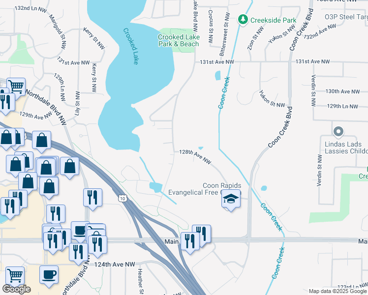 map of restaurants, bars, coffee shops, grocery stores, and more near 2847 128th Avenue Northwest in Coon Rapids