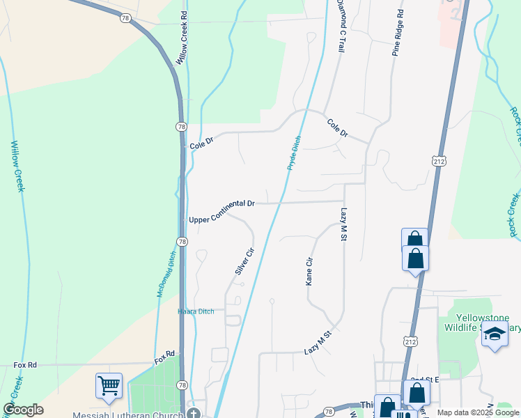 map of restaurants, bars, coffee shops, grocery stores, and more near 632 Upper Continental Drive in Red Lodge