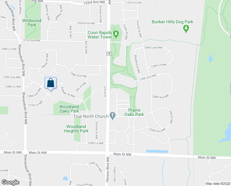 map of restaurants, bars, coffee shops, grocery stores, and more near 12872 Flamingo Street Northwest in Minneapolis
