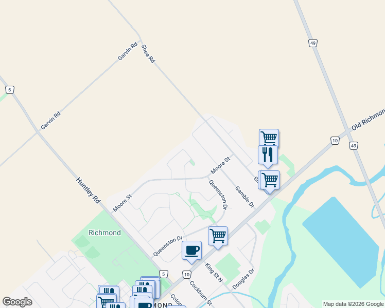 map of restaurants, bars, coffee shops, grocery stores, and more near 20 Mary Hill Crescent in Ottawa
