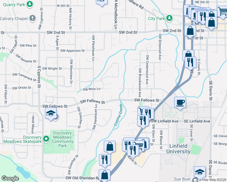 map of restaurants, bars, coffee shops, grocery stores, and more near 949 Southwest Edmunston Street in McMinnville