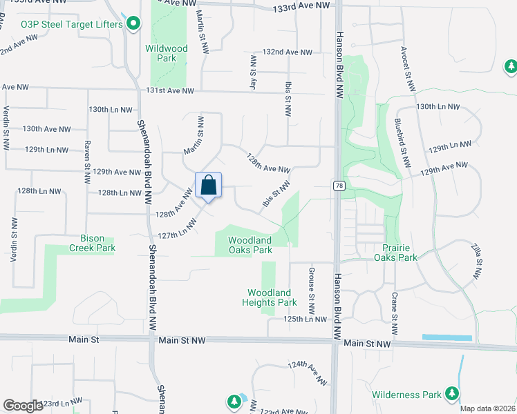 map of restaurants, bars, coffee shops, grocery stores, and more near 1828 127th Lane Northwest in Minneapolis