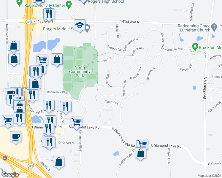 map of restaurants, bars, coffee shops, grocery stores, and more near 13745 Widgeon Lane in Rogers
