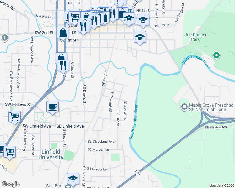 map of restaurants, bars, coffee shops, grocery stores, and more near 725 Southeast Villard Street in McMinnville