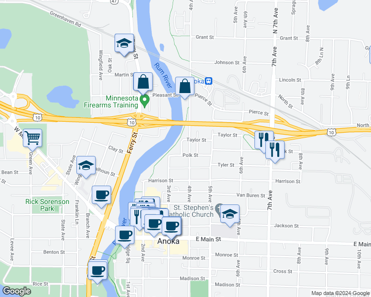 map of restaurants, bars, coffee shops, grocery stores, and more near 2422 4th Avenue in Anoka