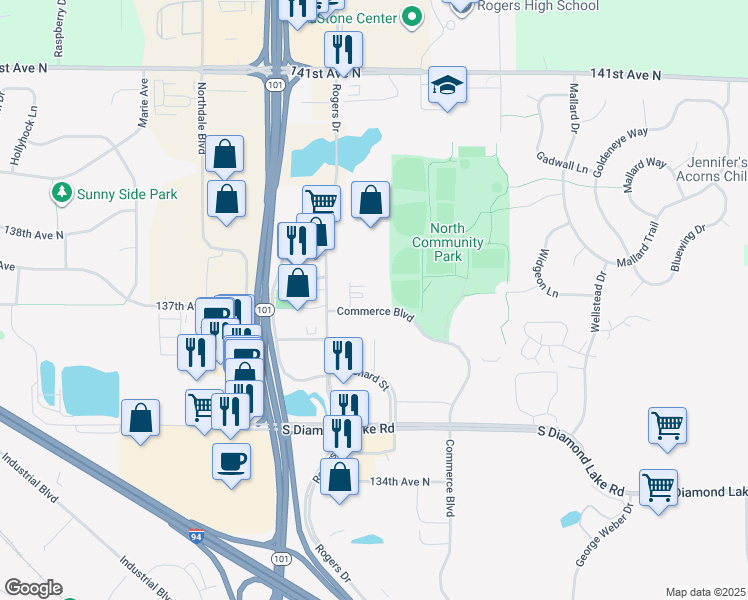 map of restaurants, bars, coffee shops, grocery stores, and more near 13864-17158 Commerce Boulevard in Rogers