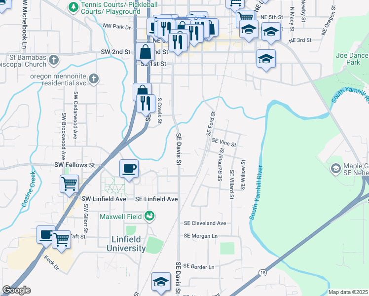 map of restaurants, bars, coffee shops, grocery stores, and more near 804 Southeast Davis Street in McMinnville