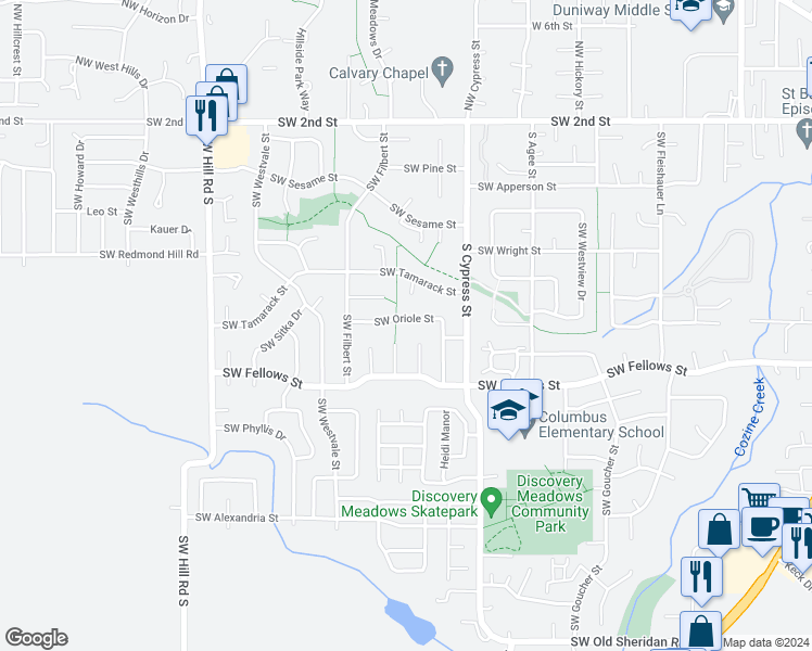 map of restaurants, bars, coffee shops, grocery stores, and more near 1786 Southwest Songbird Street in McMinnville