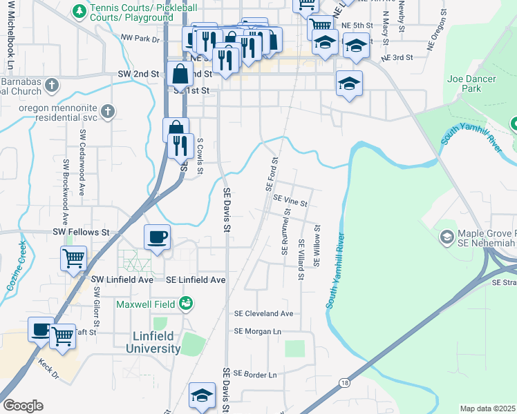 map of restaurants, bars, coffee shops, grocery stores, and more near 855 Southeast Ford Street in McMinnville