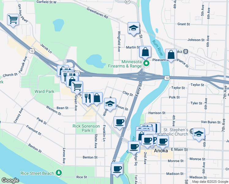 map of restaurants, bars, coffee shops, grocery stores, and more near 209 Clay Street in Anoka