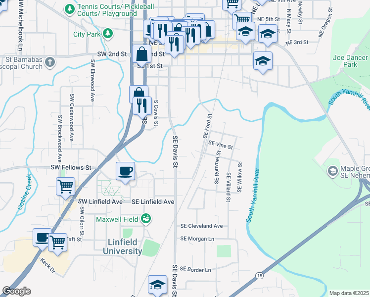 map of restaurants, bars, coffee shops, grocery stores, and more near 802 Southeast Davis Street in McMinnville