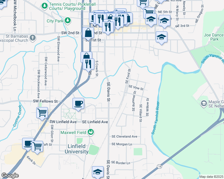 map of restaurants, bars, coffee shops, grocery stores, and more near 800 Southeast Davis Street in McMinnville
