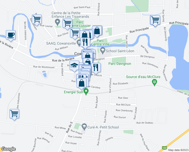 map of restaurants, bars, coffee shops, grocery stores, and more near 120 Rue Church in Cowansville